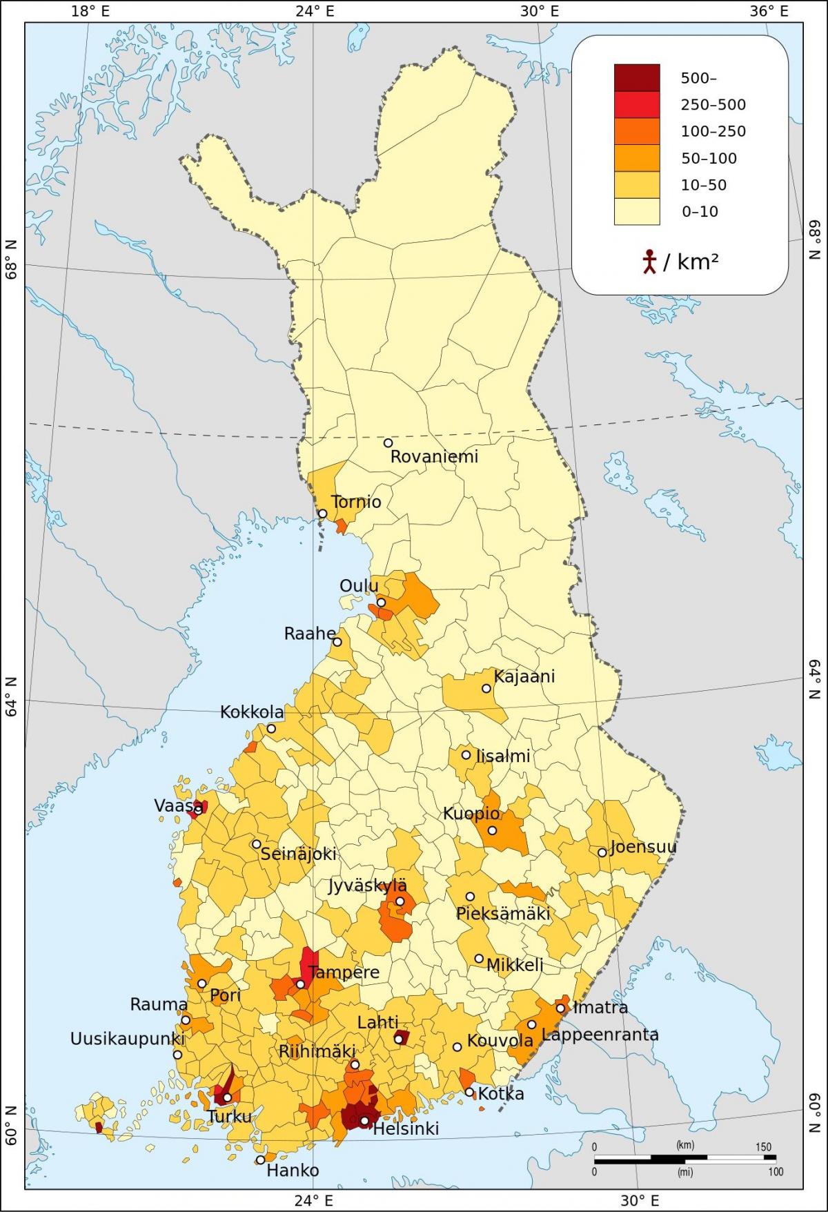 Finlandia densità di popolazione mappa